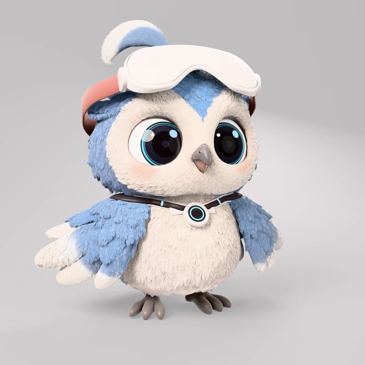 VRヘッドセットを額にのせた、青い羽のフクロウのミル